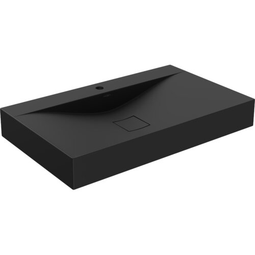 Czarna umywalka nablatowa z konglomeratu o prostokątnym kształcie, z centralnym otworem na baterię i kwadratowym odpływem. Na powierzchni umywalki widoczne jest logo "Mexen".