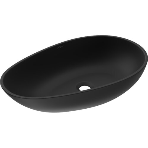 Czarna, owalna umywalka nablatowa z konglomeratu z widocznym otworem odpływowym na dnie. Na wewnętrznej stronie umywalki znajduje się napis "MEXEN".