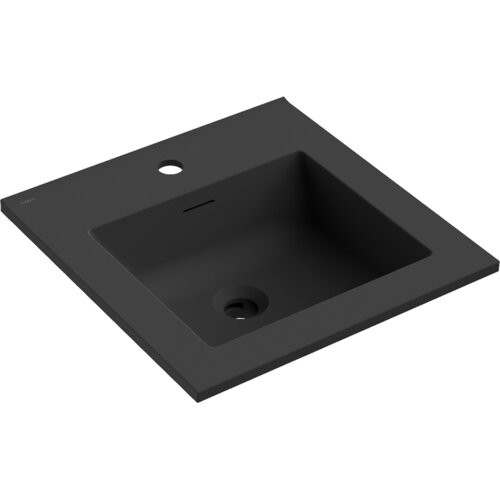 Czarna matowa umywalka wpuszczana w blat o kwadratowym kształcie z otworem na baterię i odpływem. Na powierzchni widoczne jest logo "Mexen".