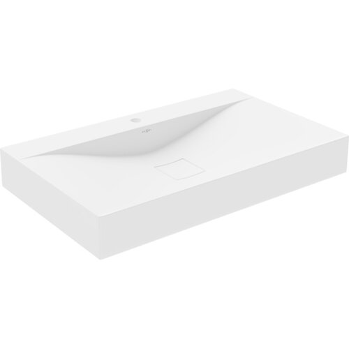 Biała umywalka nablatowa z konglomeratu o prostokątnym kształcie, z widocznym otworem na baterię i kwadratowym odpływem. Na powierzchni umywalki znajduje się logo "Mexen".