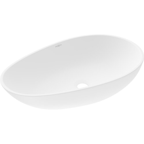 Biała, owalna umywalka nablatowa z konglomeratu o gładkiej powierzchni, z widocznym otworem odpływowym. Na wewnętrznej stronie umywalki znajduje się logo "MEXEN".