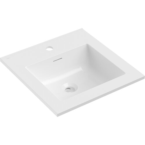 Biała, kwadratowa umywalka wpuszczana w blat o wymiarach 46 x 46,5 cm z otworem na baterię i otworem przelewowym. Powierzchnia umywalki ma połysk, a w rogu widoczne jest logo "Mexen".