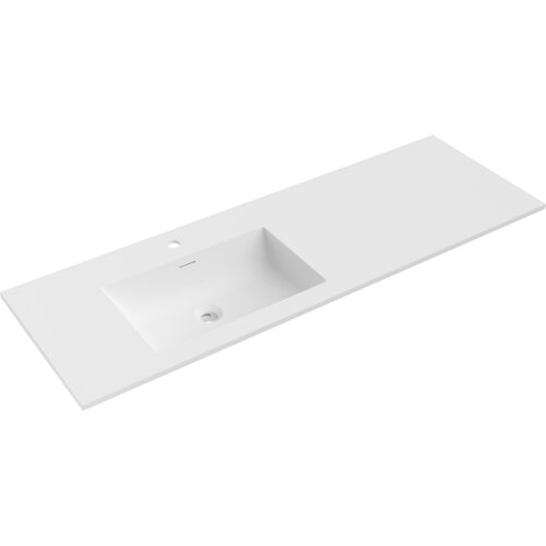 Biała matowa umywalka wpuszczana w blat o prostokątnym kształcie, z otworem na baterię i odpływem. Produkt ma gładką powierzchnię i minimalistyczny design.