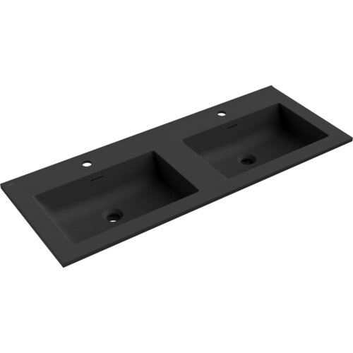 Czarna matowa umywalka podwójna wpuszczana w blat o wymiarach 121 x 46,5 cm z dwoma otworami na baterie i odpływami. Produkt oznaczony jako "Mexen Otis" z numerem 25181271D.