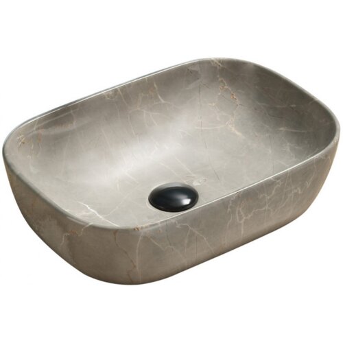 Beżowa umywalka nablatowa o wymiarach 45 x 32 cm, wykonana z materiału przypominającego kamień, z ciemnym odpływem na dnie. Powierzchnia umywalki ma delikatne, nieregularne wzory przypominające naturalne żyłki kamienia.