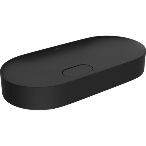 Czarna, owalna umywalka nablatowa z konglomeratu o gładkiej powierzchni, z centralnie umieszczonym otworem odpływowym. Na powierzchni widoczne jest logo "Mexen".