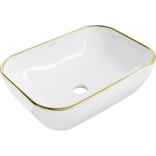 Biała umywalka nablatowa o prostokątnym kształcie z zaokrąglonymi rogami, posiada złoty rant i otwór odpływowy na dnie. Na wewnętrznej stronie umywalki widoczne jest logo "Mexen".