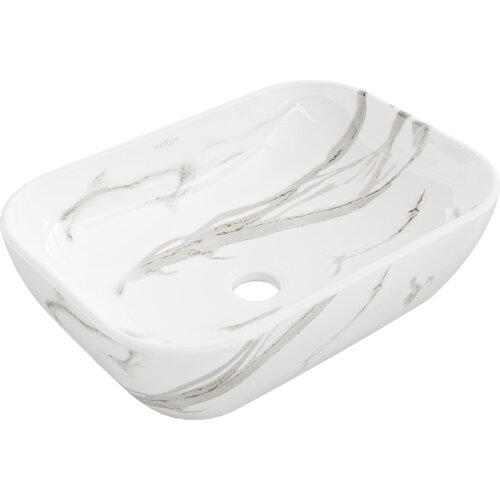Biała umywalka nablatowa o wymiarach 45 x 32 cm z delikatnym, marmurowym wzorem i otworem odpływowym na środku. Na powierzchni widoczne jest logo "Mexen".