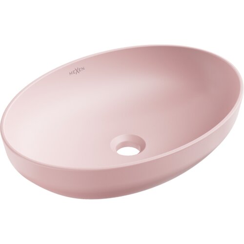 Różowa, matowa umywalka nablatowa o owalnym kształcie z widocznym otworem odpływowym. Na wewnętrznej stronie umywalki znajduje się logo "MEXEN".