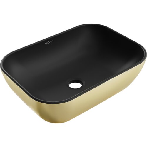 Czarna matowa umywalka nablatowa o prostokątnym kształcie z zaokrąglonymi rogami, zewnętrzna powierzchnia w kolorze złotym. Na wewnętrznej stronie widoczne jest logo "MEXEN".
