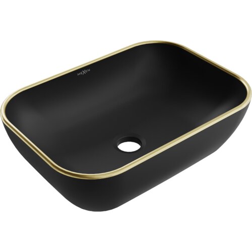 Czarna matowa umywalka nablatowa o prostokątnym kształcie z zaokrąglonymi rogami, posiada złoty rant i otwór odpływowy na dnie. Na wewnętrznej ściance widoczne jest logo "MEXEN".