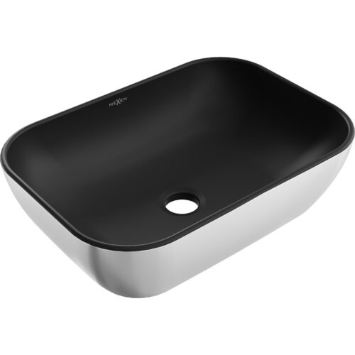 Czarna matowa umywalka nablatowa o prostokątnym kształcie z zaokrąglonymi rogami, z widocznym otworem odpływowym na dnie. Na wewnętrznej stronie umywalki znajduje się logo "MEXEN".
