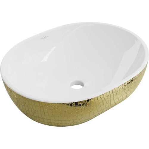 Na zdjęciu znajduje się biała umywalka nablatowa o owalnym kształcie z ozdobnym złotym wzorem przypominającym łuski na zewnętrznej powierzchni. Na wewnętrznej stronie umywalki widoczne jest logo "MEXEN".