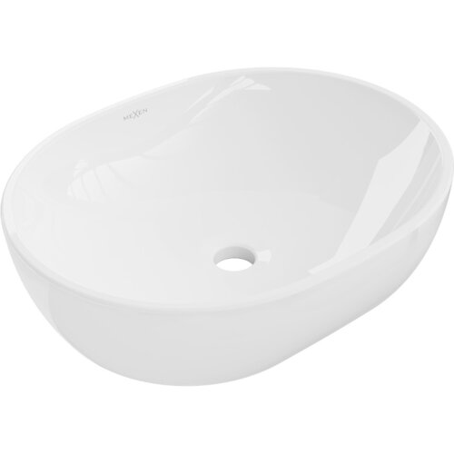 Biała, owalna umywalka nablatowa z otworem odpływowym na środku, z widocznym logo "MEXEN" na wewnętrznej powierzchni. Powierzchnia umywalki jest gładka i błyszcząca.