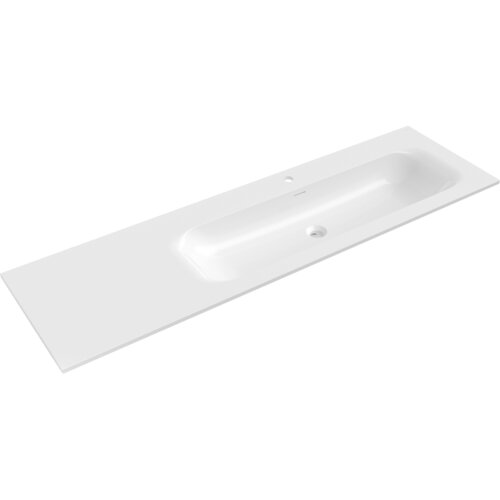 Biała, błyszcząca umywalka wpuszczana w blat o prostokątnym kształcie z otworem na baterię i odpływem. Produkt ma gładką powierzchnię i minimalistyczny design.