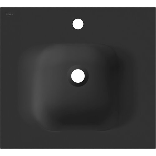 Czarna, matowa umywalka wpuszczana w blat o kwadratowym kształcie z centralnym otworem odpływowym i otworem na baterię. W lewym górnym rogu widoczne jest logo "Mexen".