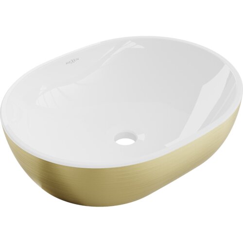 Owalna umywalka nablatowa w kolorze białym z zewnętrzną powierzchnią w złotym odcieniu z wzorem linii, posiada otwór odpływowy na dnie. Na wewnętrznej stronie widoczny jest napis "MEXEN".