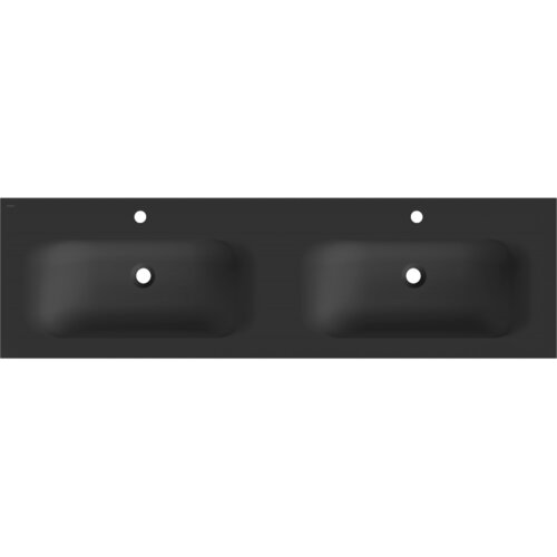 Czarna matowa umywalka podwójna wpuszczana w blat o wymiarach 161 x 46,5 cm, z dwoma otworami na baterie i odpływy. Produkt ma prostokątny kształt z zaokrąglonymi krawędziami.