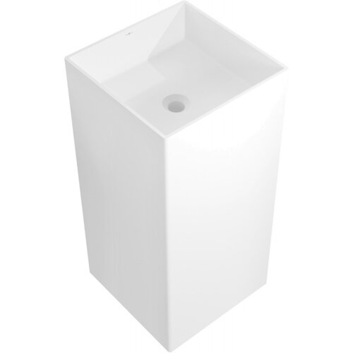 Biała, matowa umywalka wolnostojąca o kształcie prostopadłościanu z widocznym otworem odpływowym na dnie. Produkt wykonany z konglomeratu, o wymiarach 40 x 40 cm.