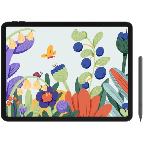 Na zdjęciu widoczny jest tablet graficzny z kolorowym, kwiatowym wzorem na ekranie, przedstawiającym różnorodne rośliny, owoce i owady. Obok tabletu znajduje się rysik.