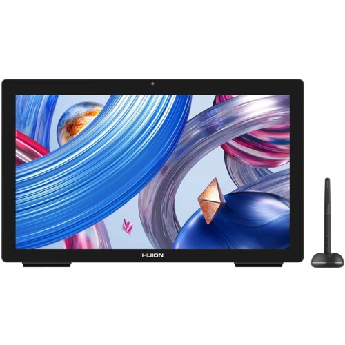 Na zdjęciu znajduje się tablet graficzny z dużym ekranem, na którym widoczne są kolorowe, abstrakcyjne wzory z dominującymi odcieniami niebieskiego i różowego. Pod ekranem znajduje się logo "HUION", a obok tabletu stoi rysik na podstawce.