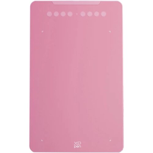 Różowy tablet graficzny z ośmioma okrągłymi przyciskami na górze i logo "XP-PEN" na dole. Na powierzchni tabletu widoczne są delikatne oznaczenia w rogach.