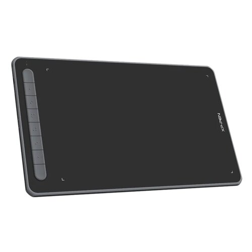 Czarny tablet graficzny z sześcioma przyciskami po jednej stronie i logo "XP-PEN" widocznym na powierzchni. Urządzenie ma zaokrąglone rogi i minimalistyczny design.