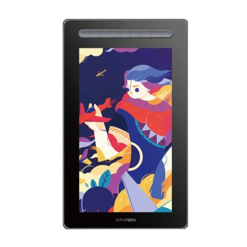Czarny tablet graficzny z kolorowym wyświetlaczem przedstawiającym abstrakcyjną ilustrację postaci w intensywnych barwach. Na obudowie widoczne jest logo "XP-PEN".