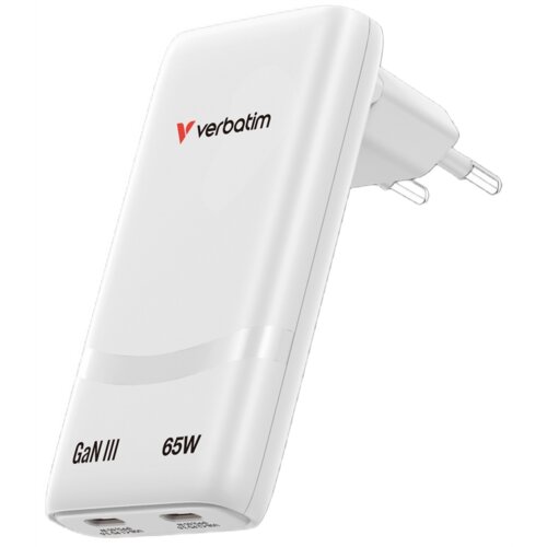 Biała ładowarka sieciowa z logo "verbatim" oraz oznaczeniami "GaN III" i "65W" na obudowie. Posiada dwa porty USB-C na dolnej krawędzi.