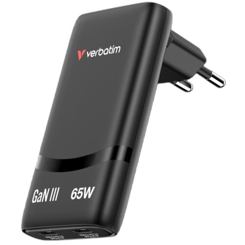 Czarna ładowarka sieciowa z logo "verbatim" oraz napisami "GaN III" i "65W" na obudowie. Posiada dwa porty USB widoczne na dolnej krawędzi.