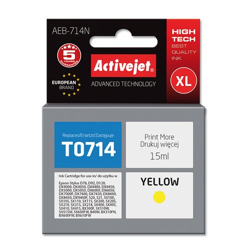 Tusz ACTIVEJET do Epson T0714 / T0894 / T1004 Żółty 15 ml AEB-714N