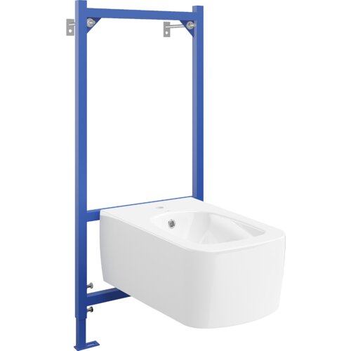 Na zdjęciu znajduje się biały bidet zamontowany na niebieskim stelażu podtynkowym. Bidet ma prosty, nowoczesny design z zaokrąglonymi krawędziami.