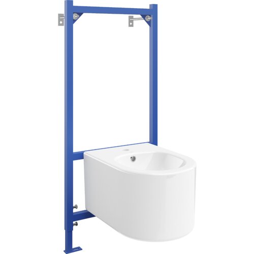 Na zdjęciu znajduje się biały bidet zamontowany na niebieskim stelażu podtynkowym. Bidet ma zaokrąglony kształt i widoczny otwór odpływowy.