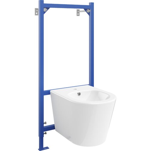 Biały bidet zamontowany na niebieskim stelażu podtynkowym, z widocznymi elementami montażowymi. Bidet ma zaokrąglony kształt i otwór odpływowy na górze.