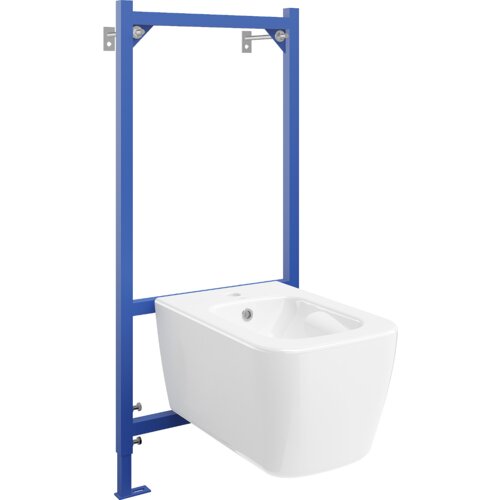 Biały bidet zamontowany na niebieskim stelażu podtynkowym, widoczny z boku. Produkt nie posiada widocznych napisów ani logo.