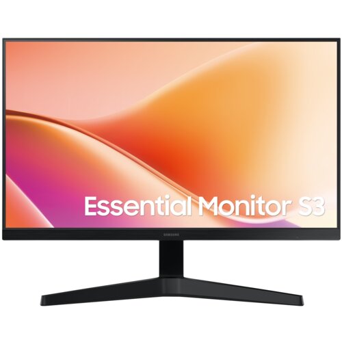 Monitor z czarną ramką i podstawą, wyświetlający gradientowe tło w odcieniach pomarańczowego i różowego z napisem "Essential Monitor S3". Na dolnej ramce widoczne jest logo "Samsung".