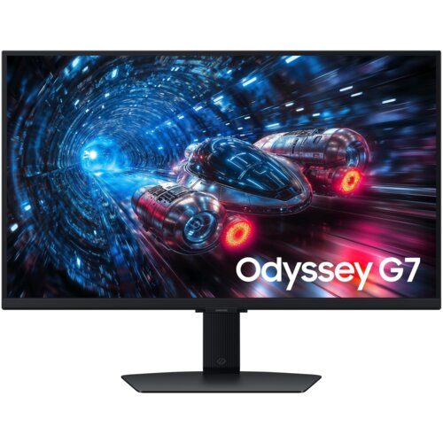 Monitor z wyświetlaczem przedstawiającym futurystyczny pojazd w tunelu świetlnym, z widocznym napisem "Odyssey G7". Na dolnej ramce monitora znajduje się logo "SAMSUNG".
