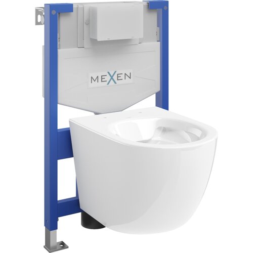 Na zdjęciu znajduje się biały, połyskujący zestaw podtynkowy WC z miską, zamontowany na niebieskim stelażu. Na zbiorniku widoczne jest logo "MEXEN".