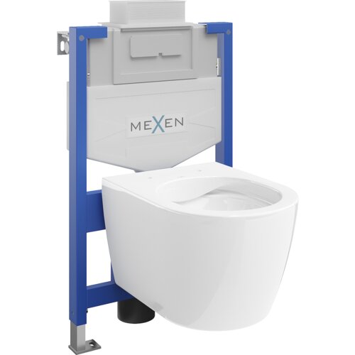 Na zdjęciu znajduje się biały, połyskujący zestaw podtynkowy WC z miską, zamontowany na niebieskim stelażu. Na zbiorniku widoczne jest logo "MEXEN".
