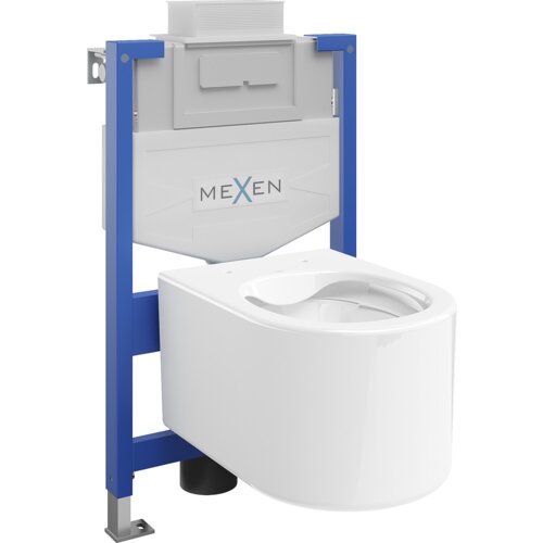 Na zdjęciu znajduje się biały, połyskujący zestaw podtynkowy WC z niebieskim stelażem, na którym widnieje logo "MEXEN". Miska WC ma nowoczesny, zaokrąglony kształt.