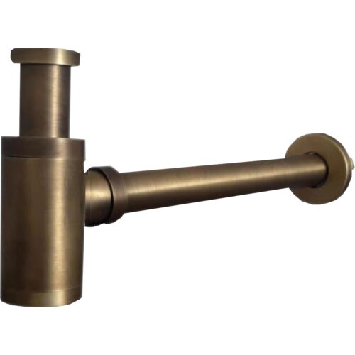 Na zdjęciu znajduje się półsyfon umywalkowy w kolorze brązu antycznego, o okrągłym kształcie. Produkt ma gładką, metaliczną powierzchnię i składa się z pionowej oraz poziomej rury połączonych ze sobą.