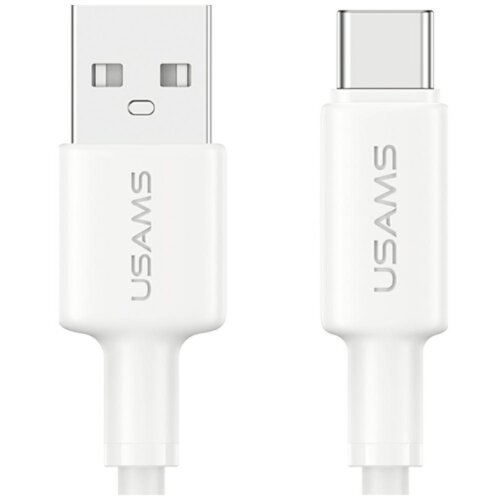 Na zdjęciu widoczny jest biały kabel z dwoma końcówkami: USB i USB-C, z napisem "USAMS" na obu wtyczkach. Produkt ma długość 1 metra i obsługuje moc 18W.