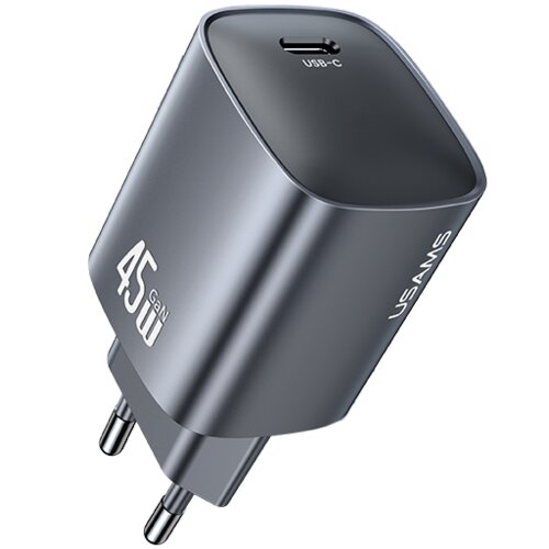Szara ładowarka sieciowa z wtyczką USB-C, oznaczona napisem "45W GAN" oraz "USAMS" na boku. Produkt ma metaliczne wykończenie i kompaktowy design.