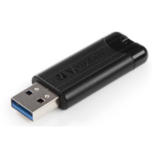 Czarny pendrive z logo "Verbatim" na obudowie, z metalowym złączem USB. Obudowa ma żłobienia i otwór na smyczkę.