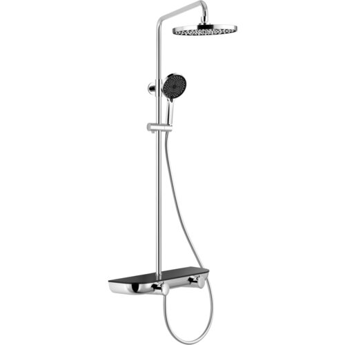 Zestaw prysznicowy natynkowy w kolorze chrom/czarny, składający się z deszczownicy, słuchawki prysznicowej oraz baterii. Produkt ma elegancki, nowoczesny design z gładkimi, zaokrąglonymi krawędziami.