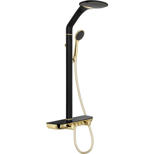 Czarny i złoty zestaw prysznicowy z deszczownicą i baterią, z widoczną słuchawką prysznicową oraz wężem. Produkt ma elegancki design z okrągłymi elementami i gładkim wykończeniem.