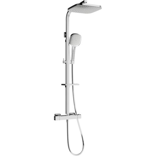 Zestaw prysznicowy natynkowy w kolorze chromowanym, składający się z deszczownicy, słuchawki prysznicowej oraz baterii termostatycznej. Produkt ma nowoczesny design z prostokątną deszczownicą i elastycznym wężem.