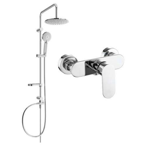 Zestaw prysznicowy natynkowy w kolorze chromowanym, składający się z deszczownicy, słuchawki prysznicowej oraz baterii prysznicowej. Produkt ma nowoczesny design z gładkimi, zaokrąglonymi krawędziami i błyszczącym wykończeniem.
