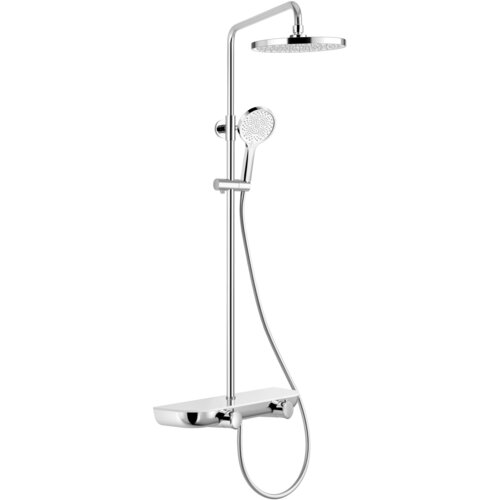 Zestaw prysznicowy natynkowy w kolorze chrom/białym, składający się z deszczownicy, słuchawki prysznicowej i baterii. Produkt ma nowoczesny design z okrągłą deszczownicą i prostokątną półką pod baterią.