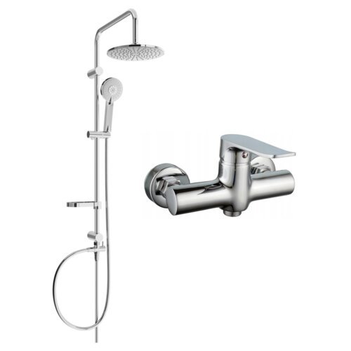 Zestaw prysznicowy natynkowy w kolorze chromu, składający się z deszczownicy, słuchawki prysznicowej oraz baterii prysznicowej. Produkt ma nowoczesny design z gładkimi, zaokrąglonymi krawędziami.
